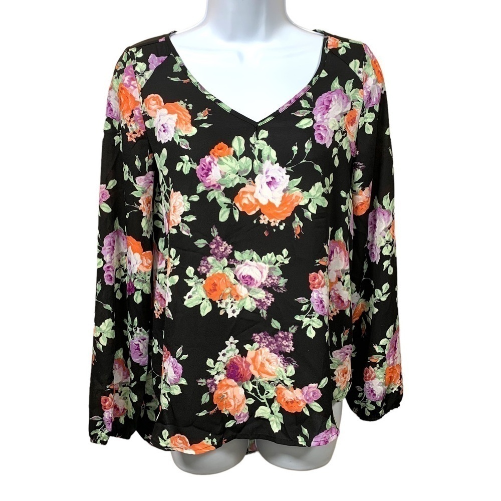 XS Decree Black Floral Long Sleeve Blouse Extra Small V Neck Pullover 0 2